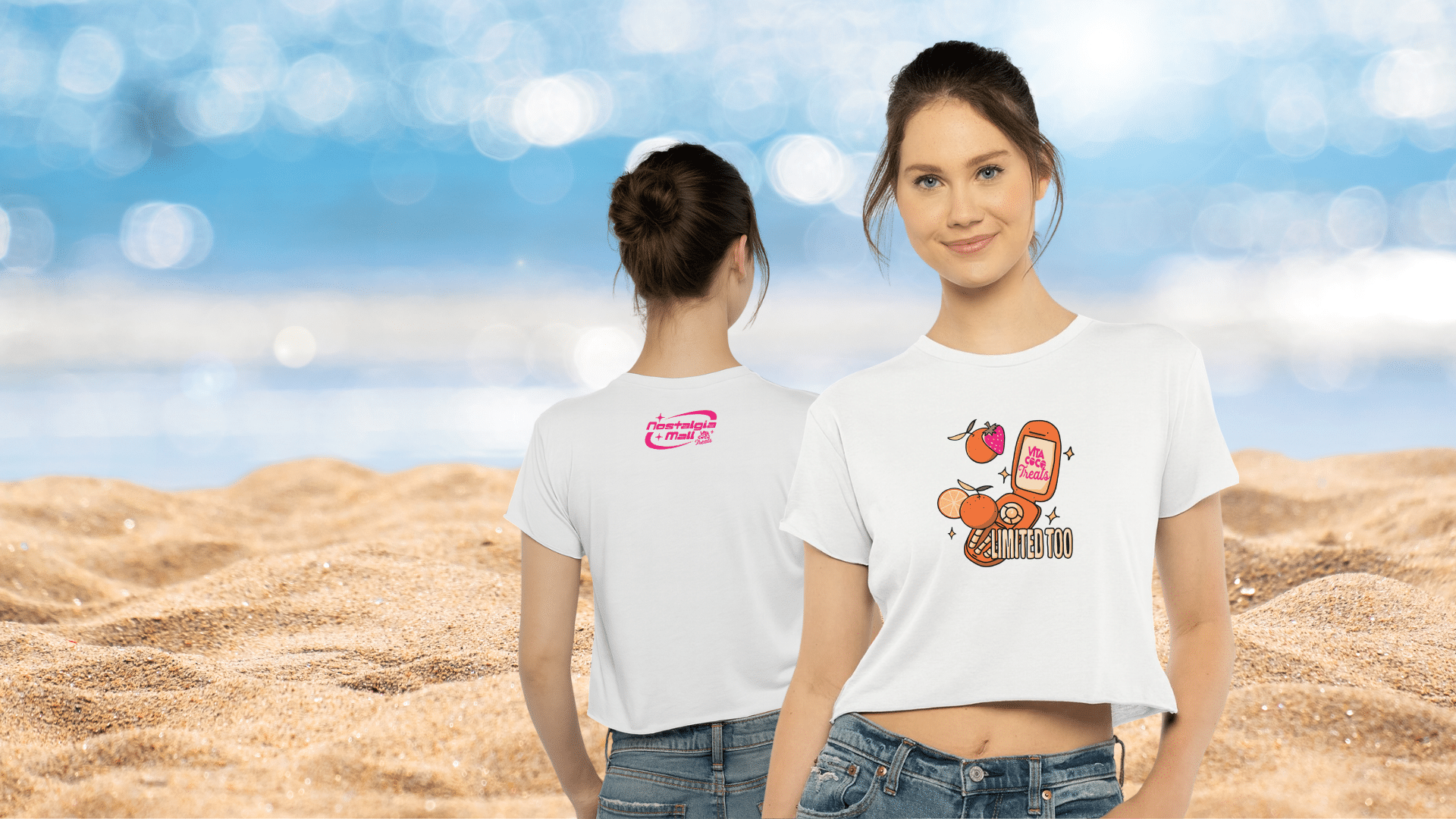 Female model wearing custom vitacoco crop top white shirt