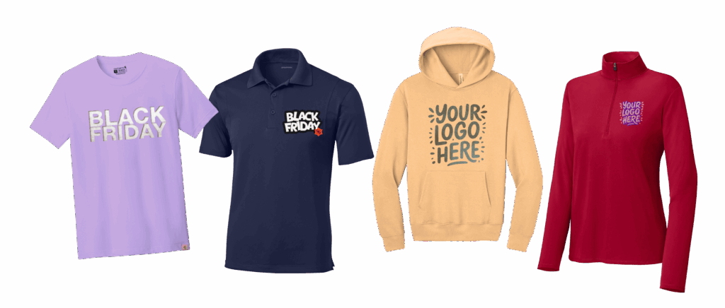 Custom-printed shirts and hoodies showcasing Black Friday themes and logo designs.