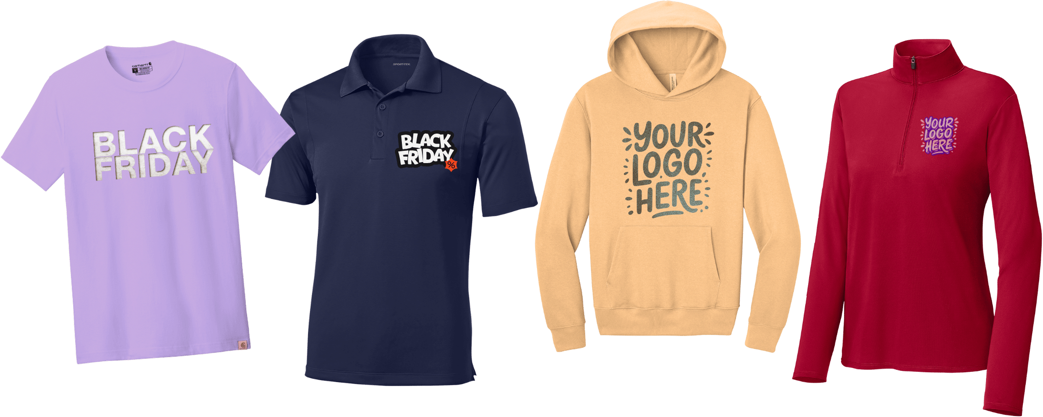 Custom-printed shirts and hoodies showcasing Black Friday themes and logo designs.