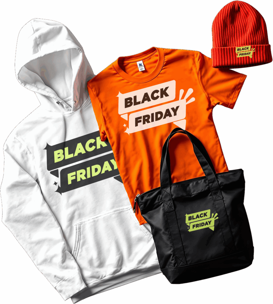 Custom-printed hoodie, t-shirt, beanie, and tote bag featuring a Black Friday design.