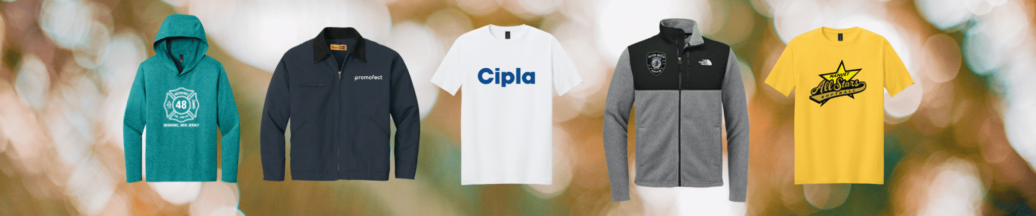 Custom printed and embroidered apparel including hoodies, jackets, vests, and logo T-shirts.
