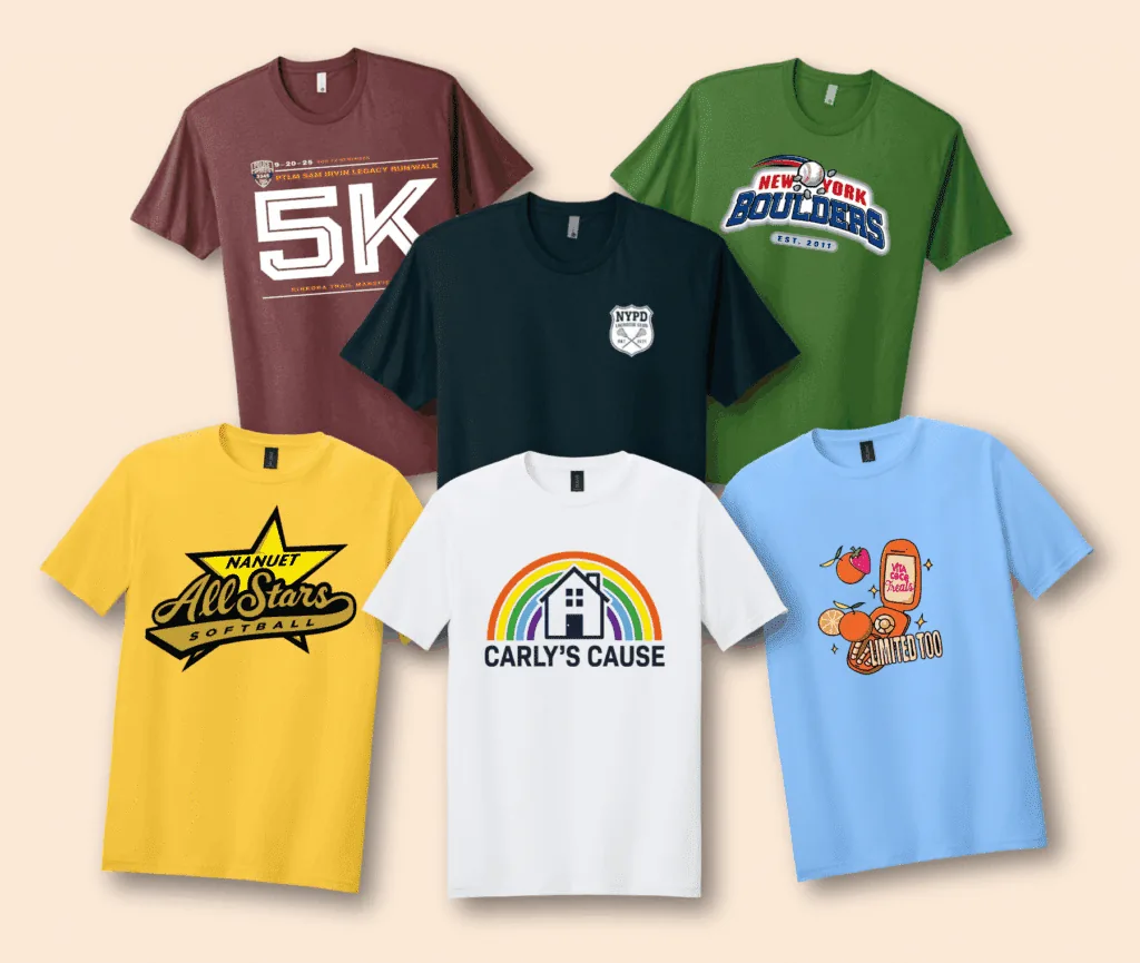 Assorted custom printed T-shirts featuring school, sports, and charity logo designs.