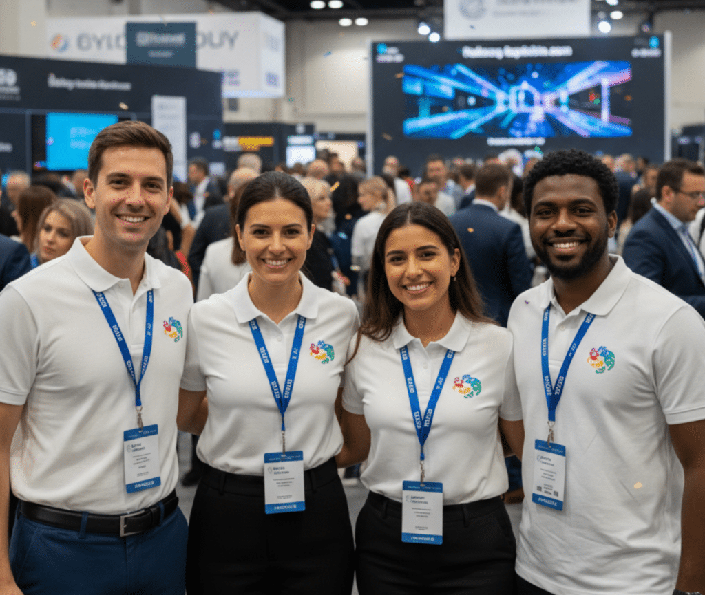Trade show team wearing white custom logo polo shirts with blue lanyards
