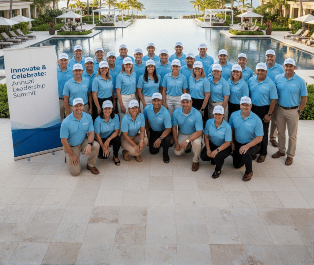 Corporate team in light blue polo shirts and white caps at Annual Leadership Summit