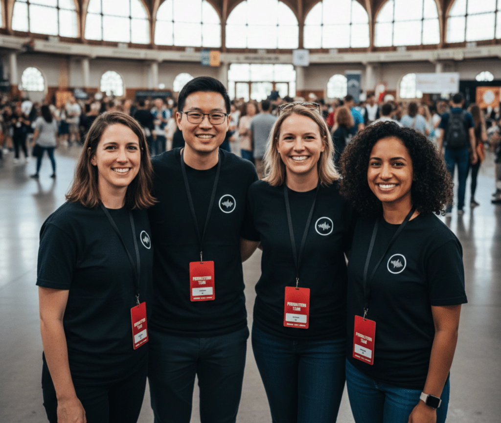 Event team wearing black custom logo T-shirts and red ID badges at conference
