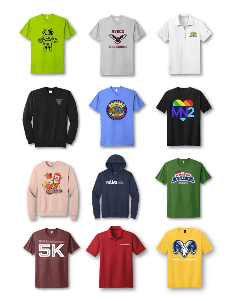Custom logo apparel lineup including polos, crewnecks, and graphic tees