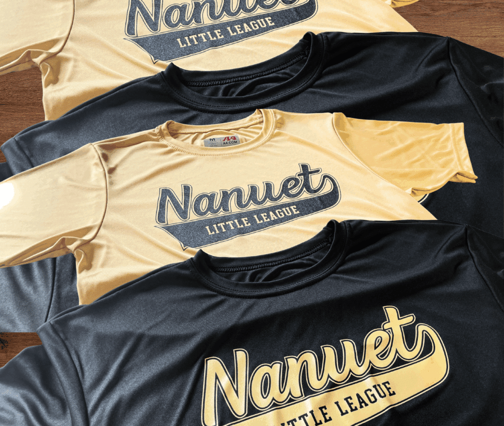 Nanuet Little League custom printed T-shirts in black and gold colorways
