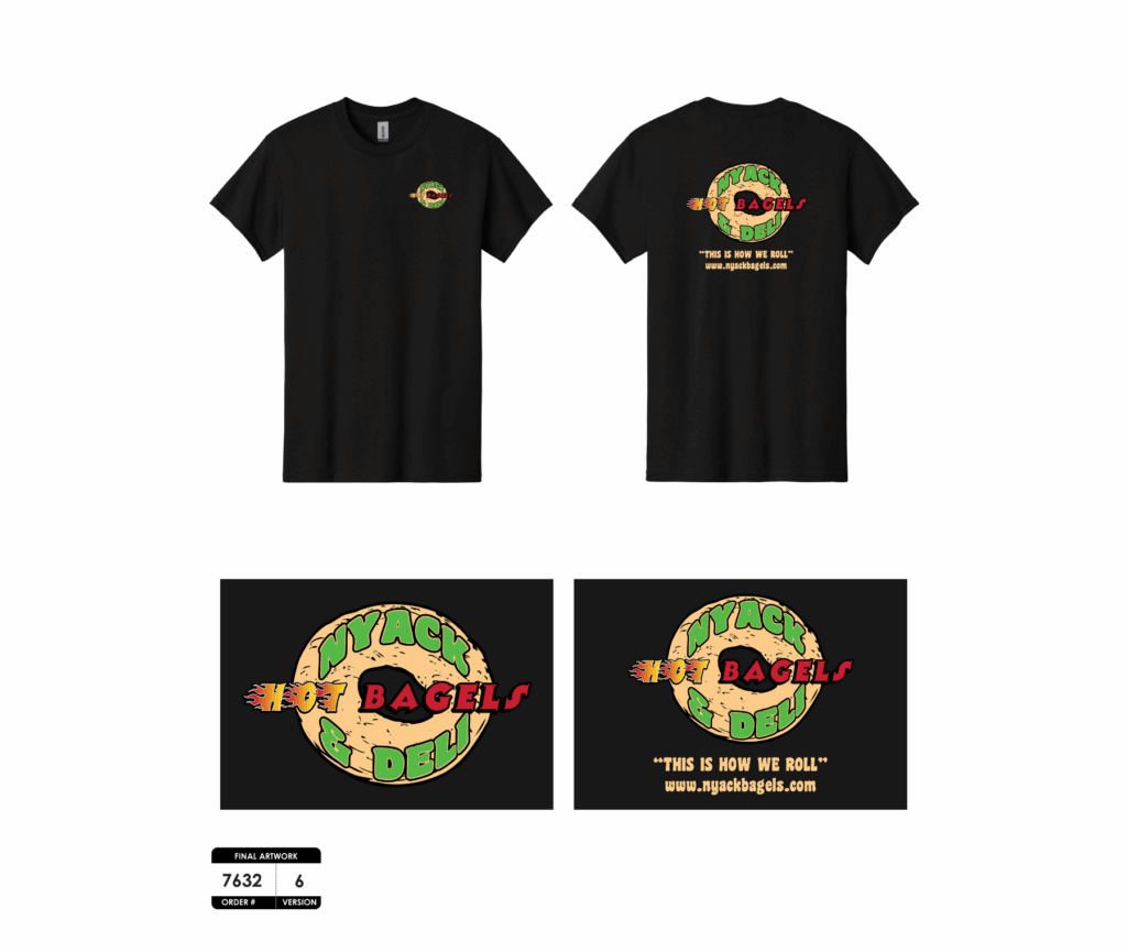 Nyack Hot Bagels Deli custom printed black T-shirt with front chest logo and full back design