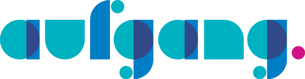 Aufgang logo in geometric blue teal segmented lettering