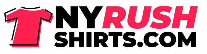 NY Rush Shirts logo with pink t-shirt icon and bold text on transparent background.