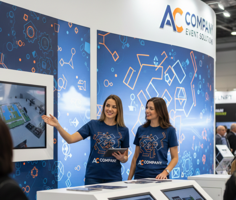 Female staff wearing navy blue AC COMPANY branded T-shirts