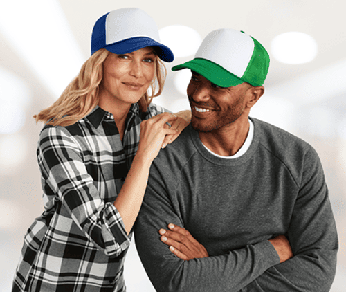Custom baseball caps with printable front panel worn by male and female models