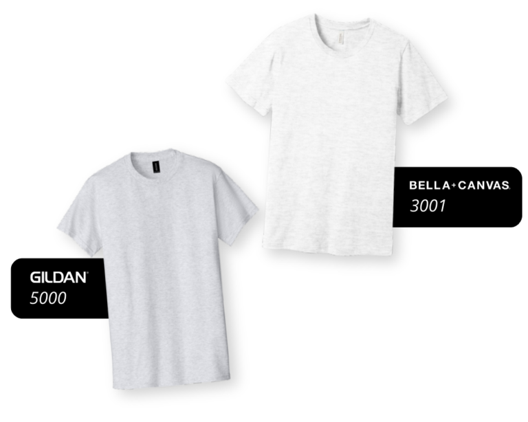 Custom T-shirt comparison between Gildan 5000 and Bella + Canvas 3001 styles