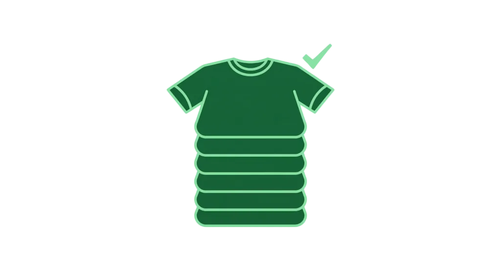 Stack of green t-shirts with a check mark indicating approved or quality apparel, on a transparent background