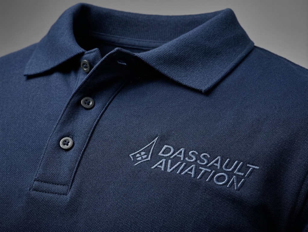 Close up of navy blue polo shirt with embroidered "Dassault Aviation" logo
