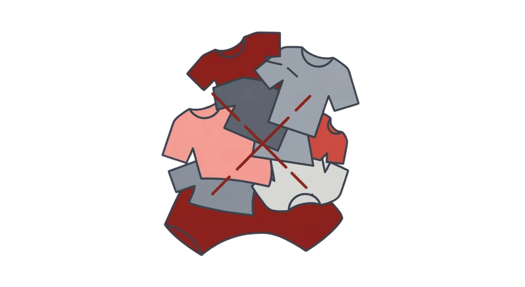 Illustration of mixed t-shirts crossed out, indicating rejected or inconsistent apparel, on a transparent background.