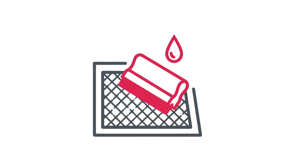 Graphic of a roller applying ink onto a screen printing frame on a transparent background