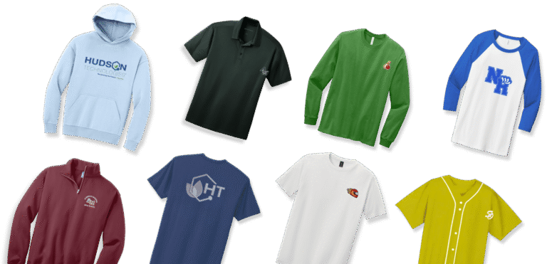 Assorted custom apparel including hoodies, polos, long sleeves, and T-shirts with printed and embroidered logos on transparent background