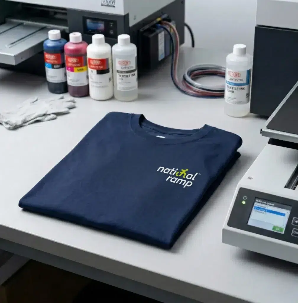 Folded custom T-shirt with printed national ramp logo beside DTG printing machine and textile ink bottles