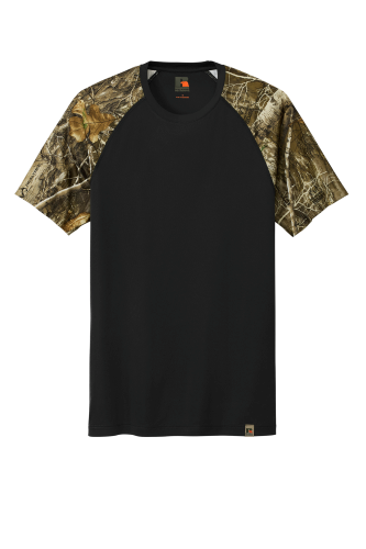 Black performance T-shirt with camouflage raglan sleeves on a white background