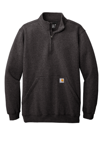 Charcoal Carhartt quarter-zip sweatshirt with a front pocket on a transparent background
