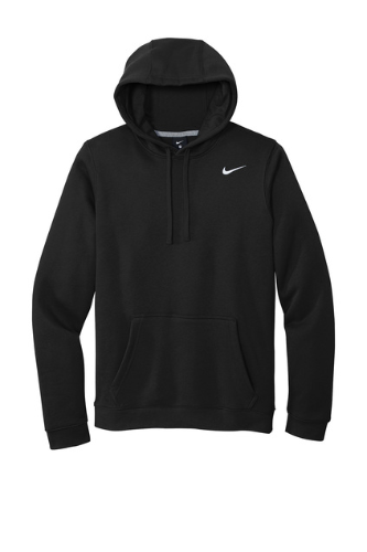 Black Nike pullover hoodie with a front pocket displayed on a white background