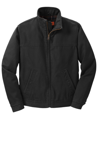 Black canvas work jacket with a full-zip front, stand collar, and front pockets on a white background