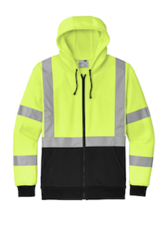 High-visibility yellow and black zip-up safety hoodie with reflective stripes displayed on a white background