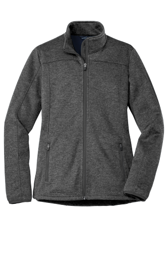 Charcoal heather women's full-zip fleece jacket with a stand collar and zippered pockets displayed against a white background.
