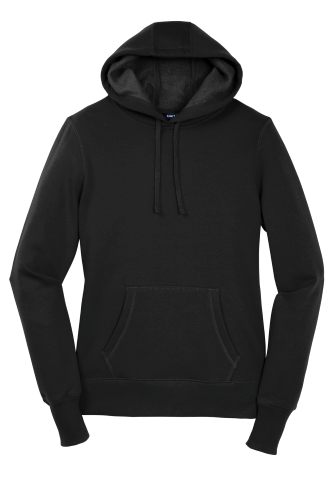 Black pullover hoodie with drawstring hood and front kangaroo pocket displayed on a white background