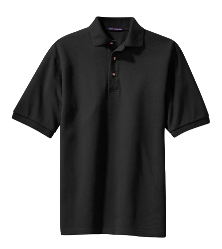 Black short sleeve polo shirt with a three-button placket and ribbed collar, displayed on a white background