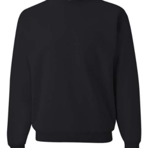 Black crew neck sweatshirt with ribbed cuffs and waistband, displayed on a white background