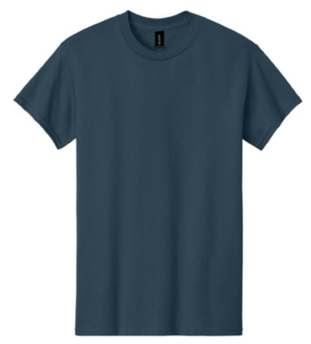 Slate blue crew neck t-shirt on a white background