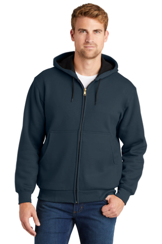 Model wearing a navy zip-up hoodie over a white t-shirt on a white background