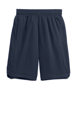 Navy athletic shorts with an elastic waistband on a white background