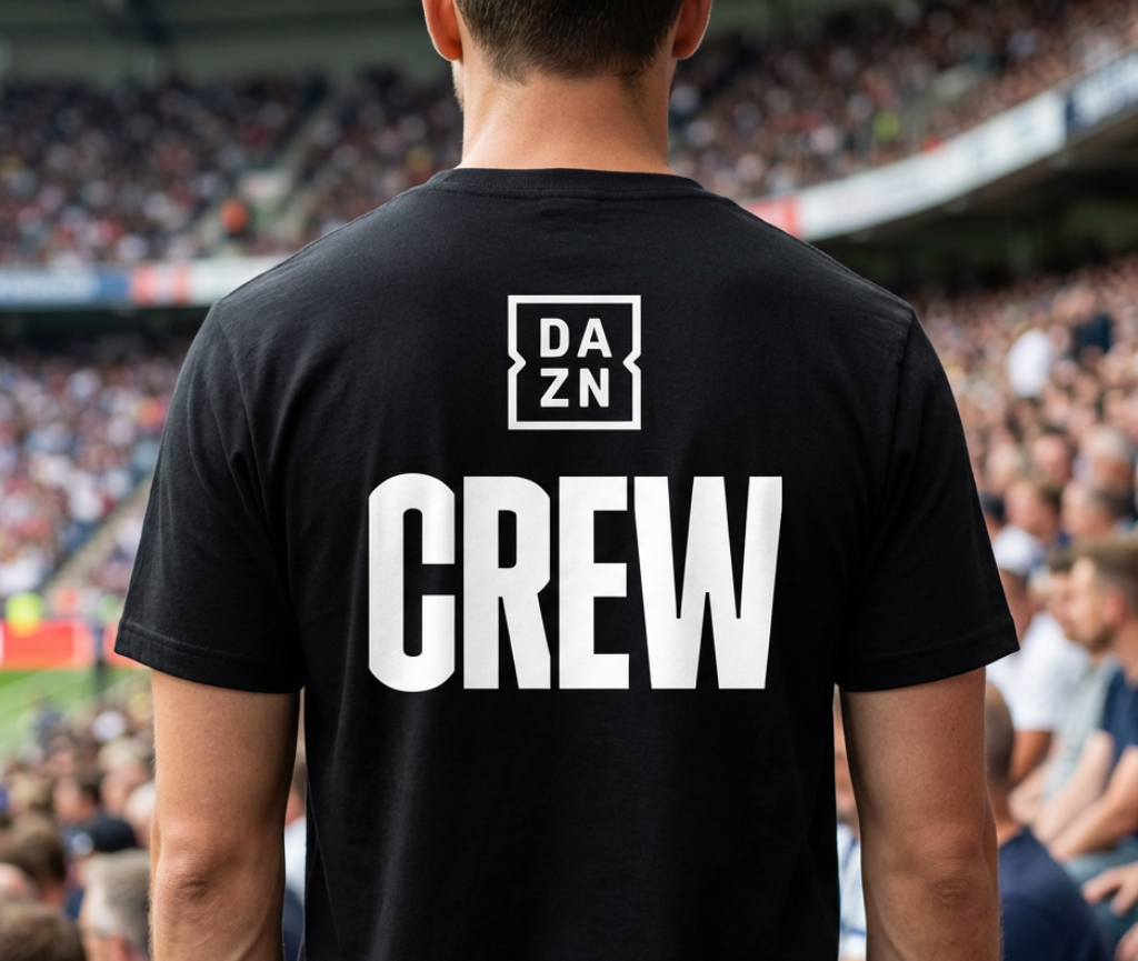 Back view of a custom DAZN crew t-shirt with a bold logo print, worn by event staff at a stadium.