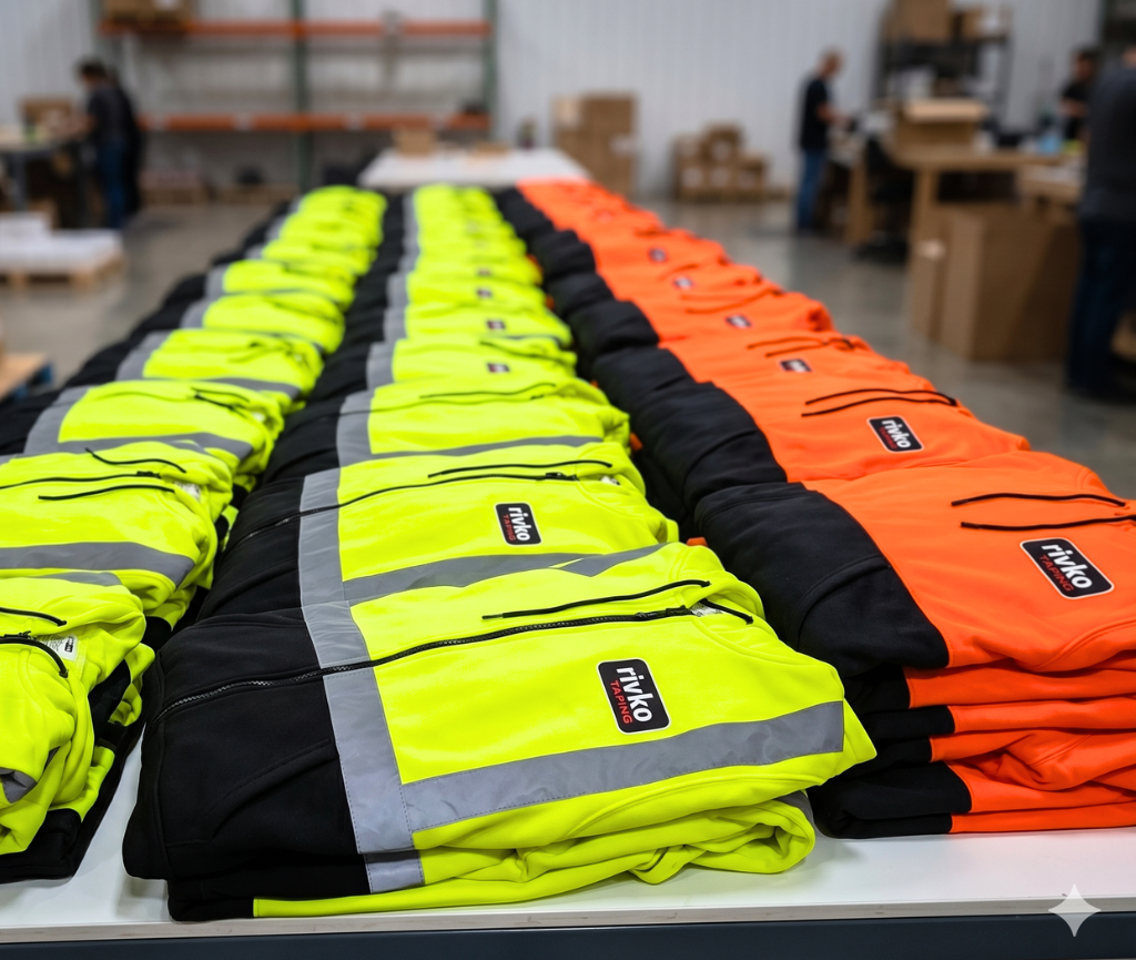 Stacks of custom high-visibility safety hoodies in fluorescent yellow and orange prepared for bulk workwear and industrial uniforms.