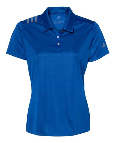 Women's royal blue Adidas short-sleeve performance polo shirt with a three-button placket, classic collar, three-stripe shoulder detail, and Adidas logo on the sleeve.